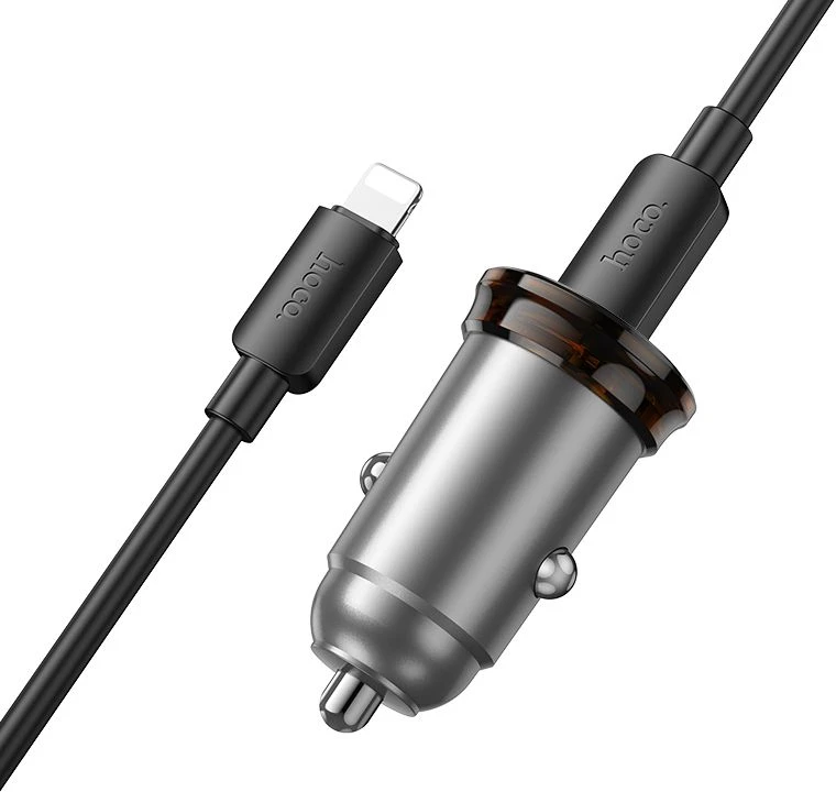 Automobilinis įkroviklis Hoco USB A + USB C QC3.0 PD 3A 43W + laidas USB C - Lightning NZ16A metalinis pilkas