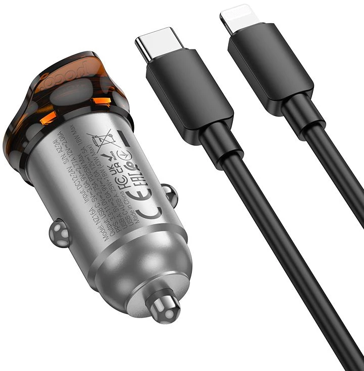 Automobilinis įkroviklis Hoco USB A + USB C QC3.0 PD 3A 43W + laidas USB C - Lightning NZ16A metalinis pilkas