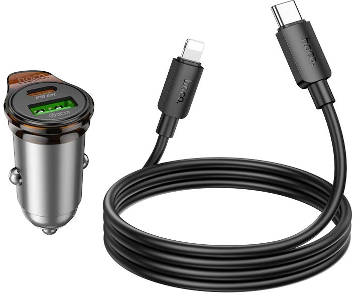 Automobilinis įkroviklis Hoco USB A + USB C QC3.0 PD 3A 43W + laidas USB C - Lightning NZ16A metalinis pilkas