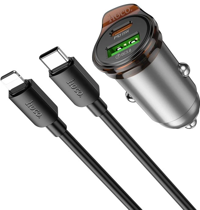 Automobilinis įkroviklis Hoco USB A + USB C QC3.0 PD 3A 43W + laidas USB C - Lightning NZ16A metalinis pilkas