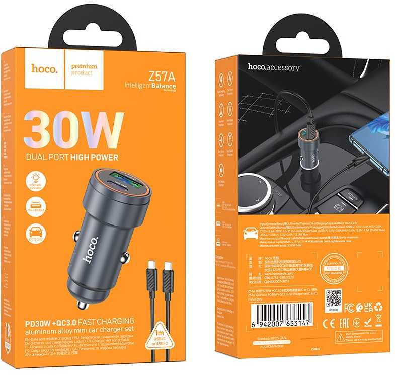 Automobilinis įkroviklis Hoco Z57A 30W USB-C/USB-A + USB-C to USB-C cable 1.0m pilkas