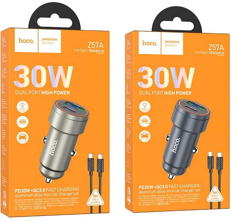 Automobilinis įkroviklis Hoco Z57A 30W USB-C/USB-A + USB-C to USB-C cable 1.0m pilkas
