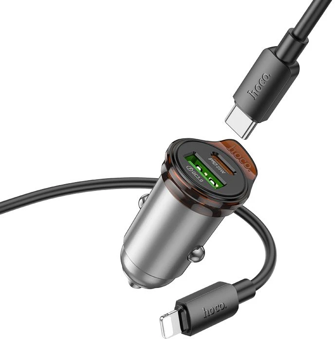 Automobilinis įkroviklis Hoco USB A + USB C QC3.0 PD 3A 43W + laidas USB C - Lightning NZ16A metalinis pilkas