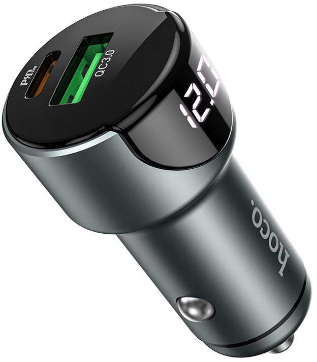 Automobilinis įkroviklis HOCO USB QC3.0 + PD20W LED kelio lemputė Z42 pilkas