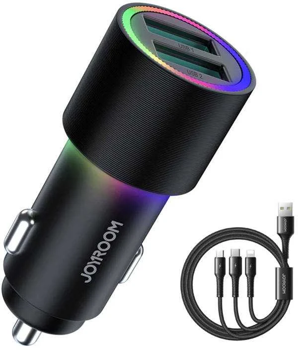 Įkroviklis automobilinis Joyroom JR-CL10 LED 2xUSB 24W + 3in1 USB Type-C/microUSB/Lightning 1.2m juodas