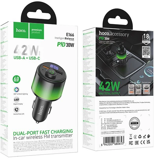 Automobilinis Bluetooth transmitteris Hoco 2 x USB A + USB C QC3.0 PD 42W E166 juodas
