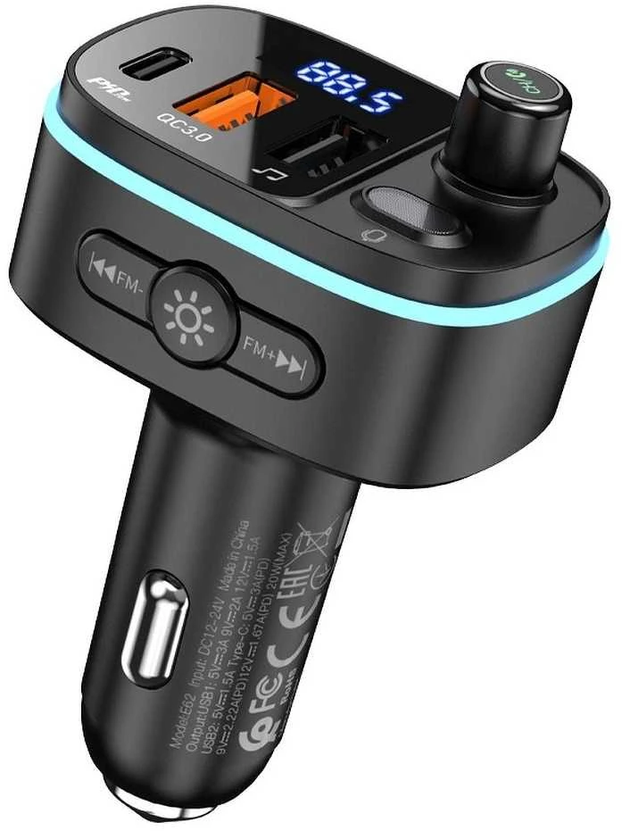 Automobilinis „Bluetooth“ siųstuvas Hoco 2 x USB A + USB C QC3.0 PD 20W E62 juodas