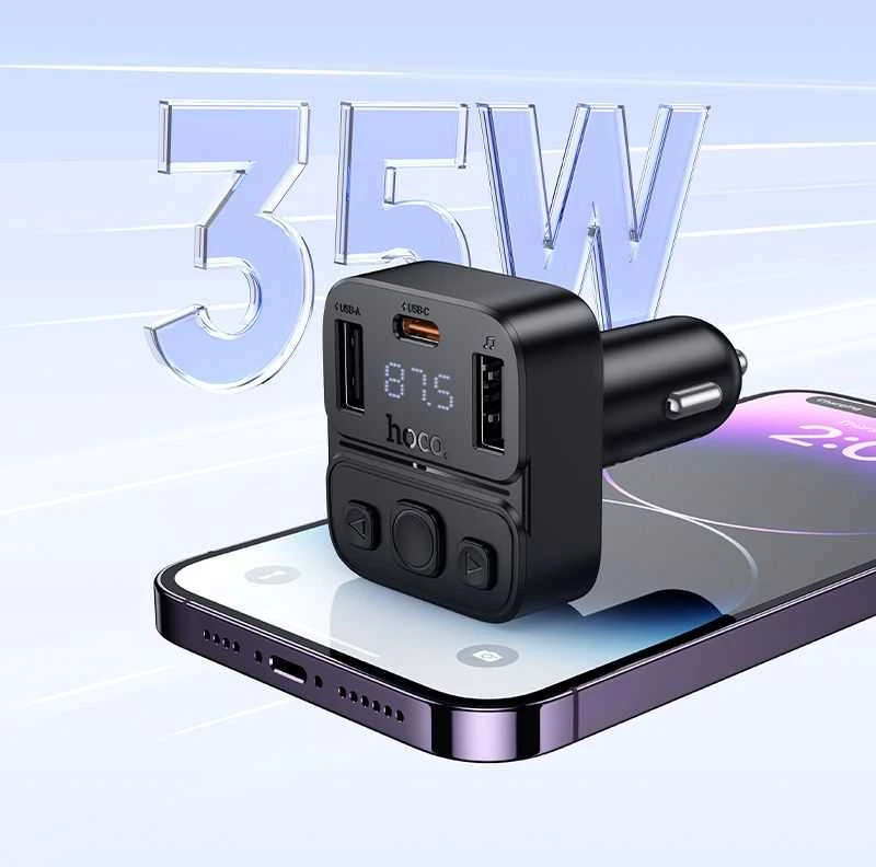 Automobilinis „Bluetooth“ siųstuvas Hoco USB A + USB C QC PD 35W E87 juodas