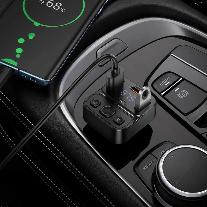 Automobilinis „Bluetooth“ siųstuvas Hoco USB A + USB C QC PD 35W E87 juodas