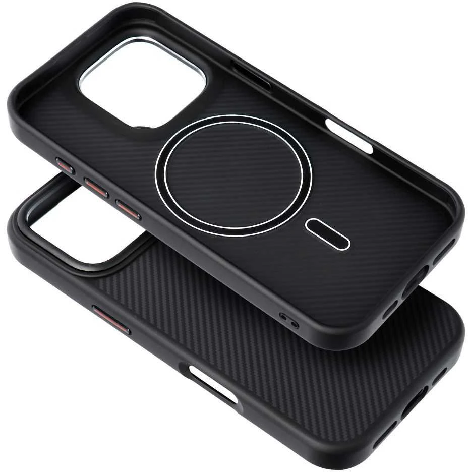 „Oem iPhone 16 PRO Carbon Elite Mag Cover“ dėklas, suderinamas su „MagSafe“ (juodas)