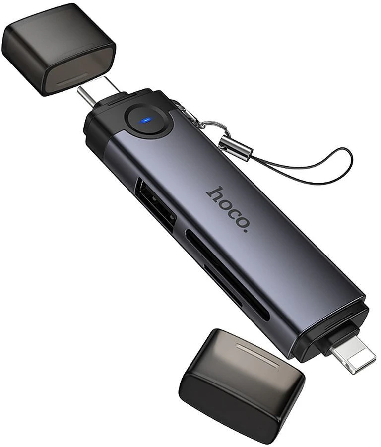 Kortelių skaitytuvas SD/TF 3.0 + USB 2.0 Type-C/Lightning Hoco HB56B pilkas