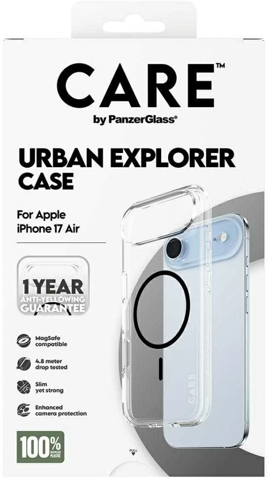 Panzer Glass „CARE by PanzerGlass“ flagmaninis „Urban Explorer“ dėklas su juodu „MagSafe“, skirtas „iPhone Air“ – permatomas