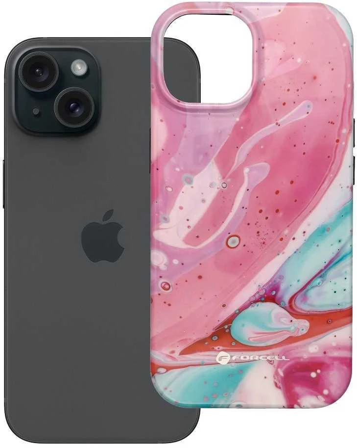 „iPhone 15 Forcell F-Protect Mirage“ dėklas, suderinamas su „Magsafe Military Drop-Test“ rožinio marmuro spalvos