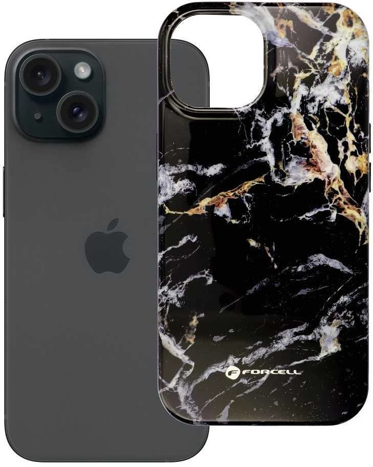 „iPhone 15 Forcell F-Protect Mirage“ dėklas, suderinamas su „Magsafe Military Drop-Test“ juodo marmuro danga
