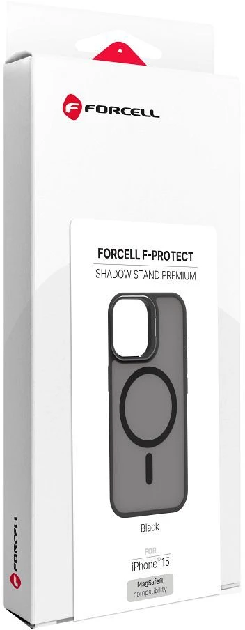 „iPhone 15“ dėklas „Forcell F-Protect Shadow Stand Premium“, suderinamas su „MagSafe“ juodas