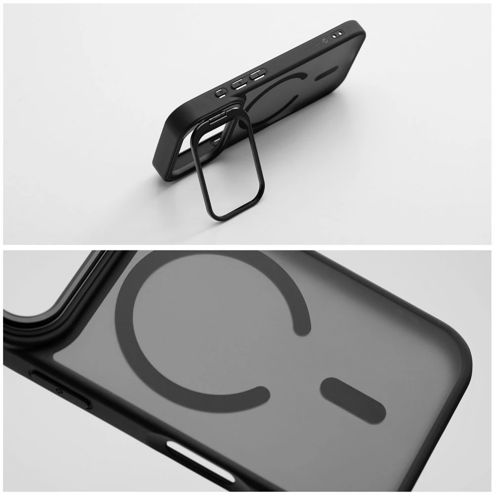 „iPhone 15“ dėklas „Forcell F-Protect Shadow Stand Premium“, suderinamas su „MagSafe“ juodas