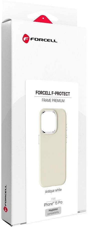 „iPhone 15 PRO“ dėklas „Forcell F-Protect Frame Premium“, suderinamas su „Magsafe“ antikvarinėmis baltomis juostelėmis.