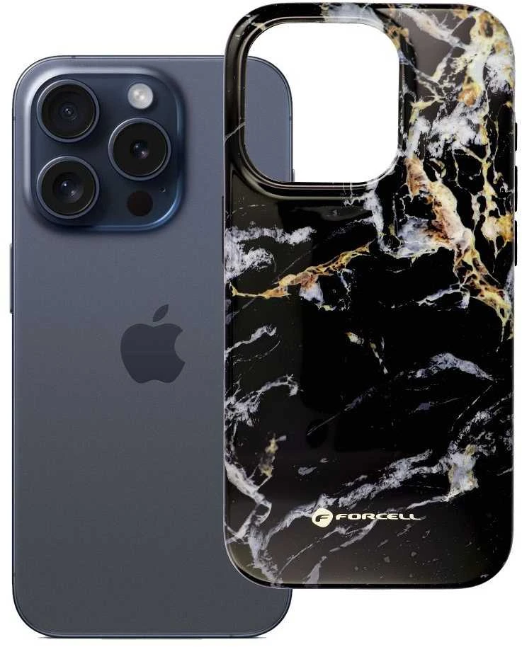 „iPhone 15 PRO Forcell F-Protect Mirage“ dėklas, suderinamas su „Magsafe Military Drop-Test“ juodo marmuro korpusu.