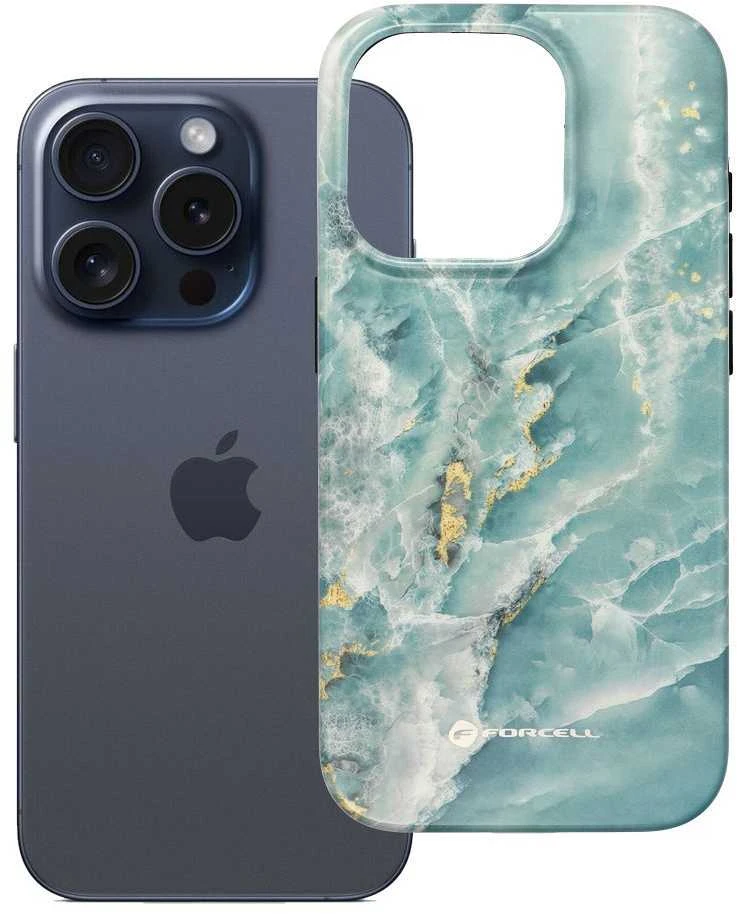 „iPhone 15 PRO Forcell F-Protect Mirage“ dėklas, suderinamas su „Magsafe Military Drop-Test“ žalias marmuras