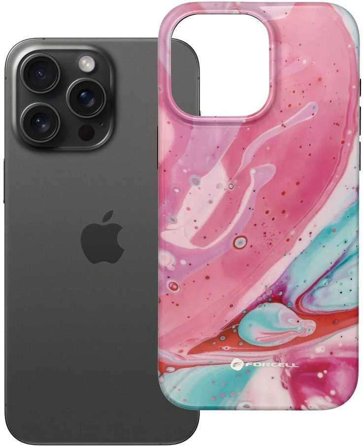 „iPhone 15 PRO MAX“ dėklas „Forcell F-Protect Mirage“, suderinamas su „Magsafe Military Drop-Test“, rožinis marmuras