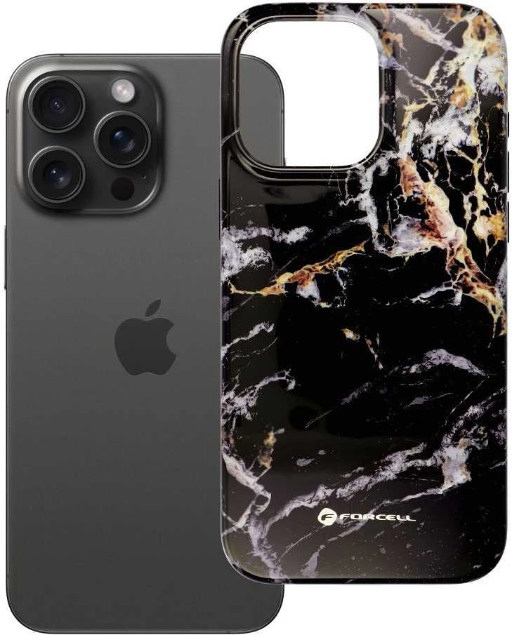 „iPhone 15 PRO MAX“ dėklas „Forcell F-Protect Mirage“, suderinamas su „Magsafe Military Drop-Test“ juodo marmuro danga.