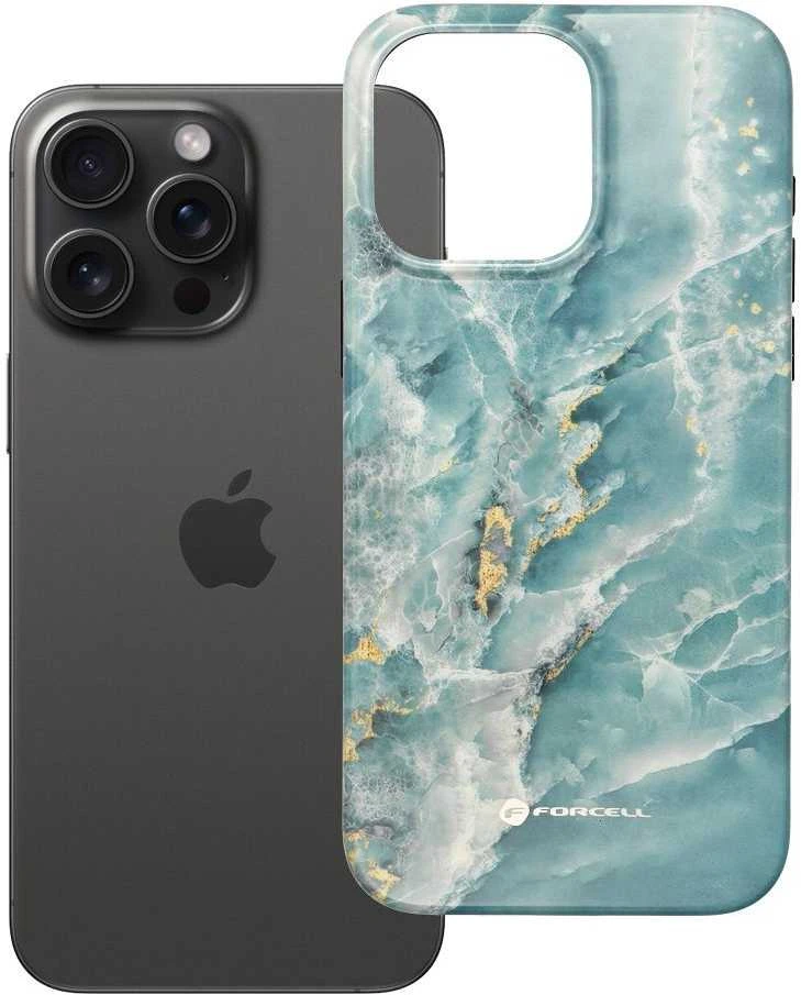 „iPhone 15 PRO MAX“ dėklas „Forcell F-Protect Mirage“, suderinamas su „Magsafe Military Drop-Test“, žalias marmuras