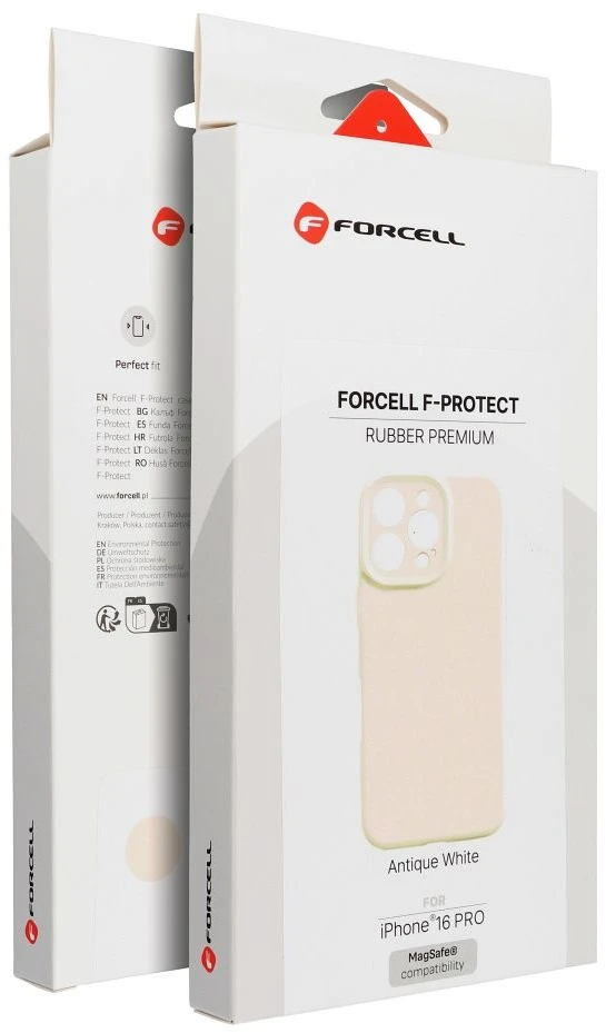 „iPhone 16e“ (SE4 2025) / 17e „Forcell F-Protect Rubber Premium“ dėklas, suderinamas su „MagSafe“ antikvarinėmis baltomis detalėmis.