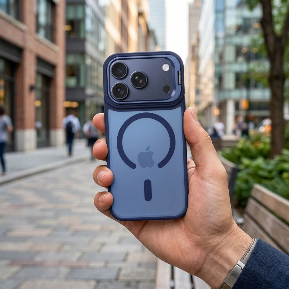 „iPhone 17 Pro / 18 Pro“ dėklas „Forcell F-Protect Shadow Stand Premium“, suderinamas su „MagSafe“, tamsiai mėlynas