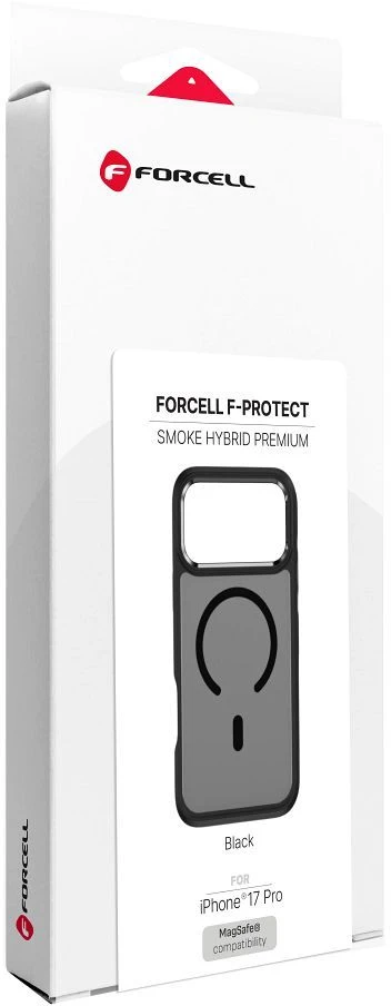 „iPhone 17 Pro / 18 Pro“ dėklas (žemas kameros kraštas), „Forcell F-Protect Smoke Hybrid Premium“, suderinamas su „MagSafe“ (juodas)