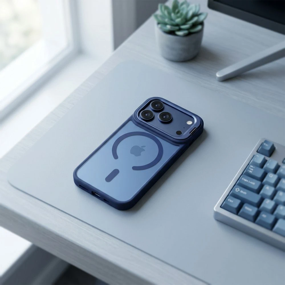 „iPhone 17 Pro Max / 18 Pro Max“ dėklas „Forcell F-Protect Shadow Stand Premium“, suderinamas su „MagSafe“, tamsiai mėlynas
