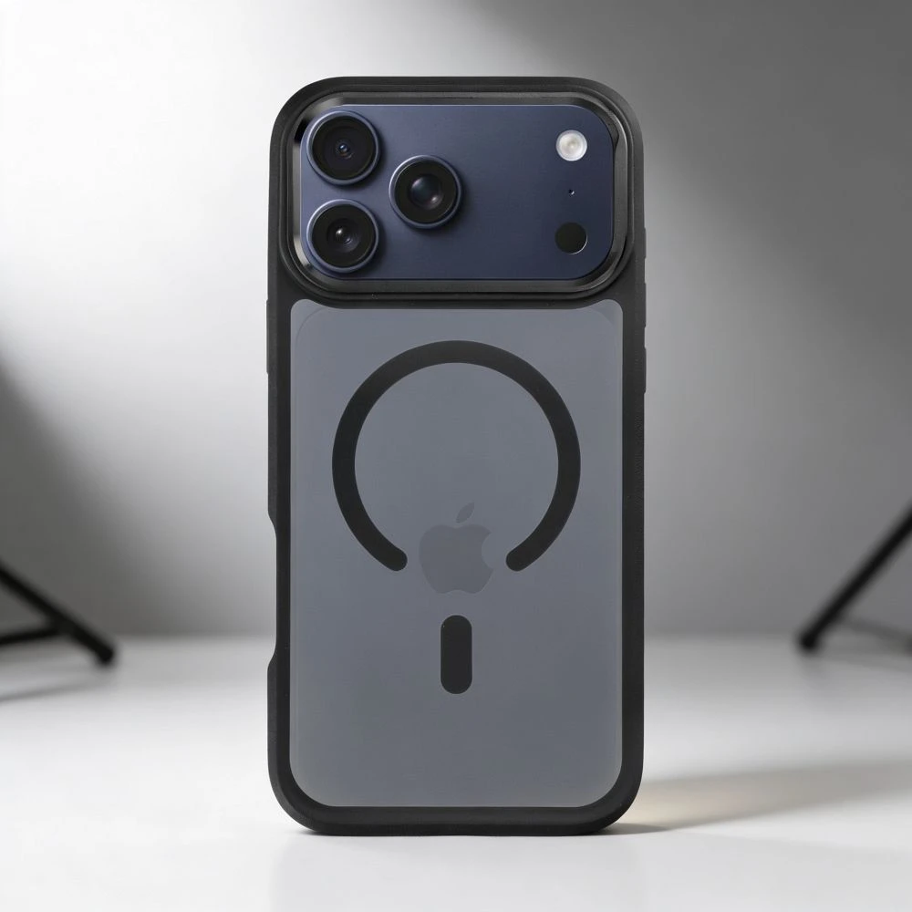 „iPhone 17 Pro Max / 18 Pro Max“ dėklas (žemas kameros kraštas), „Forcell F-Protect Smoke Hybrid Premium“, suderinamas su „MagSafe“ (juodas)