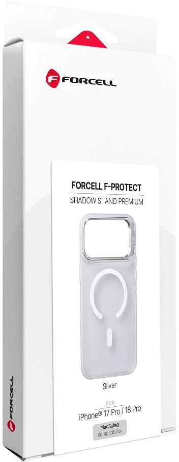 Dėklas iPhone 18 Pro / 17 Pro Forcell F-Protect Shadow Stand Premium, suderinamas su MagSafe, sidabrinis