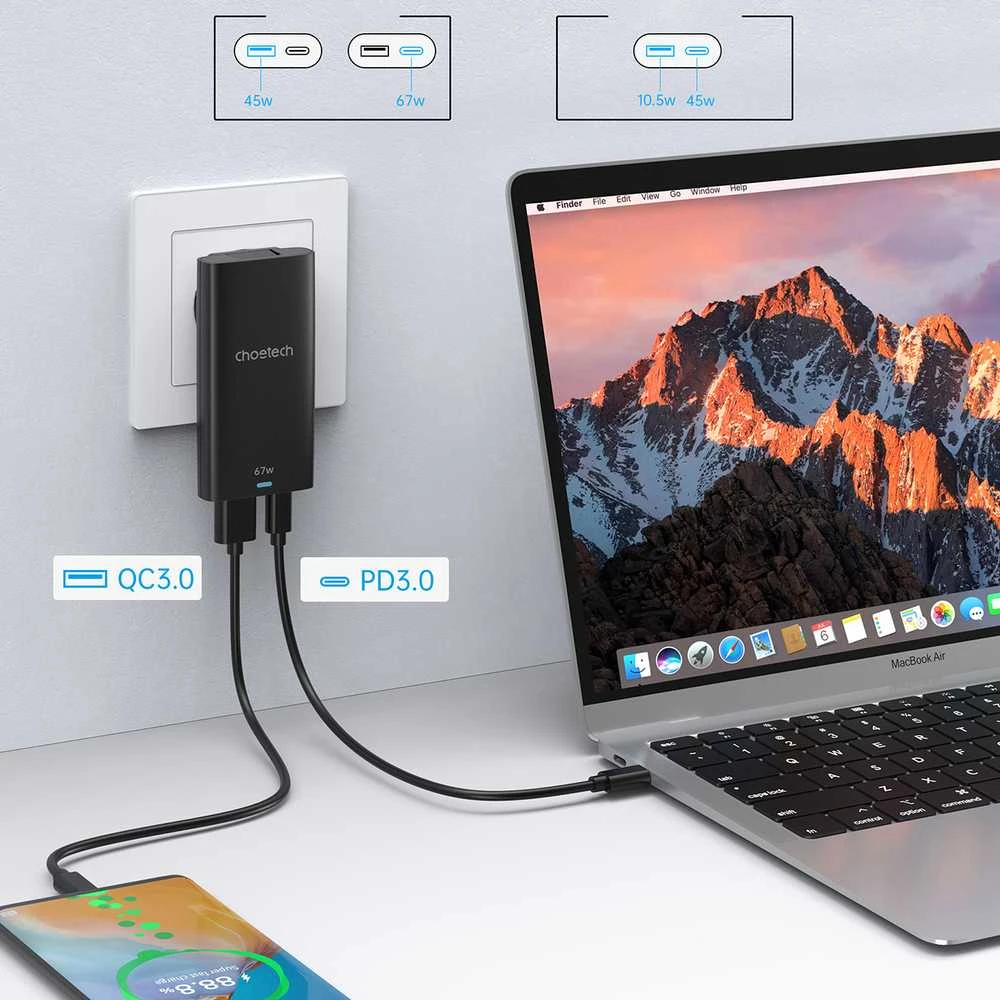 Mini kelioninis sieninis įkroviklis Choetech PD6011 PD65W GaN plonas USB-A+C (juodas)