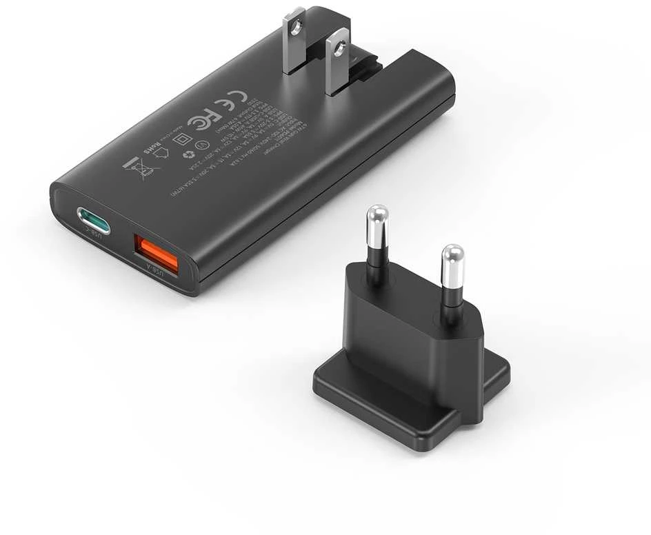 Mini kelioninis sieninis įkroviklis Choetech PD6011 PD65W GaN plonas USB-A+C (juodas)