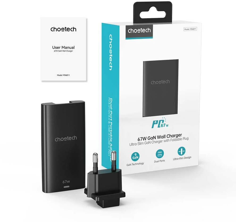 Mini kelioninis sieninis įkroviklis Choetech PD6011 PD65W GaN plonas USB-A+C (juodas)