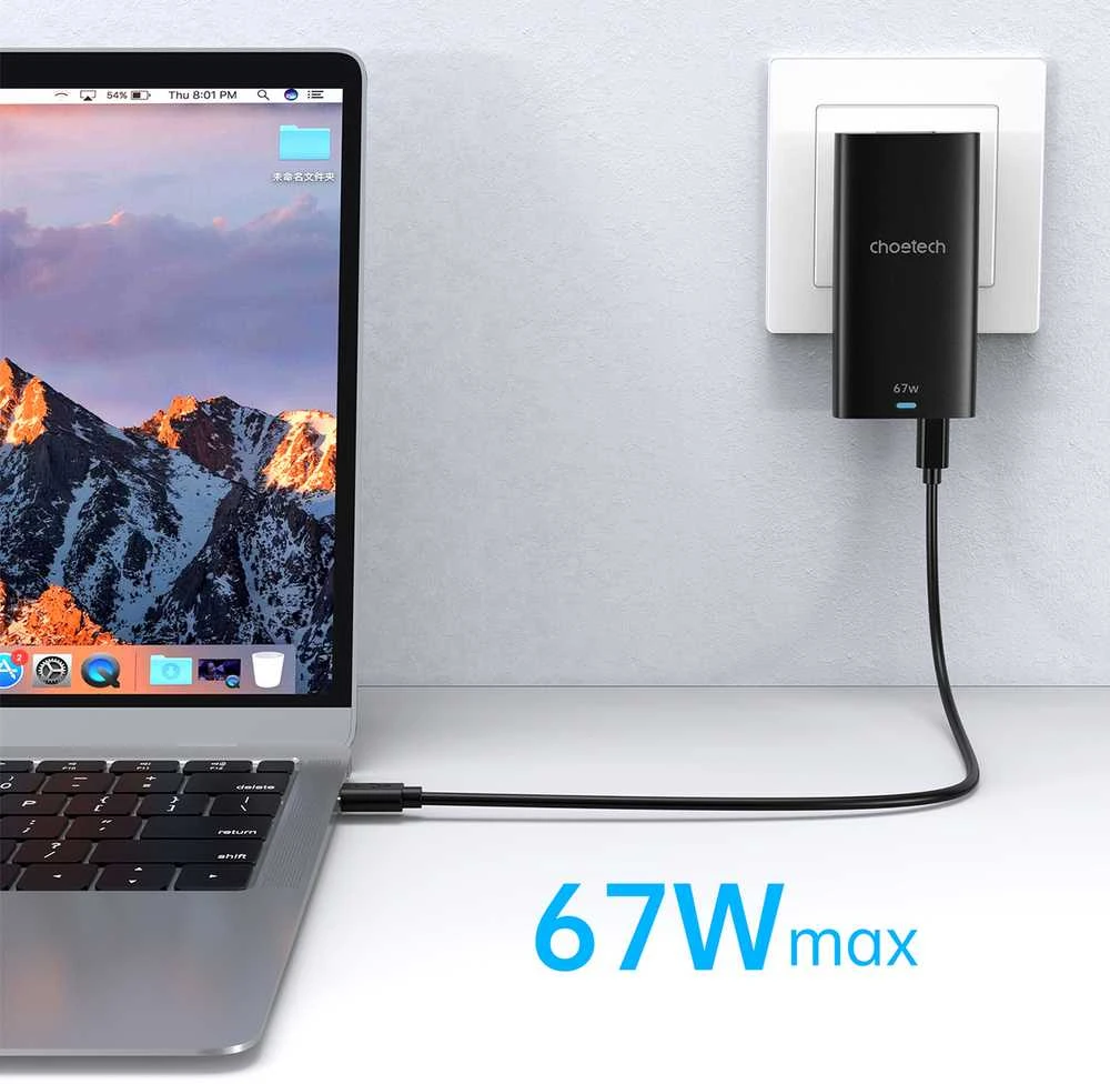 Mini kelioninis sieninis įkroviklis Choetech PD6011 PD65W GaN plonas USB-A+C (juodas)