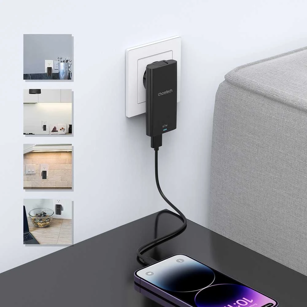 Mini kelioninis sieninis įkroviklis Choetech PD6011 PD65W GaN plonas USB-A+C (juodas)