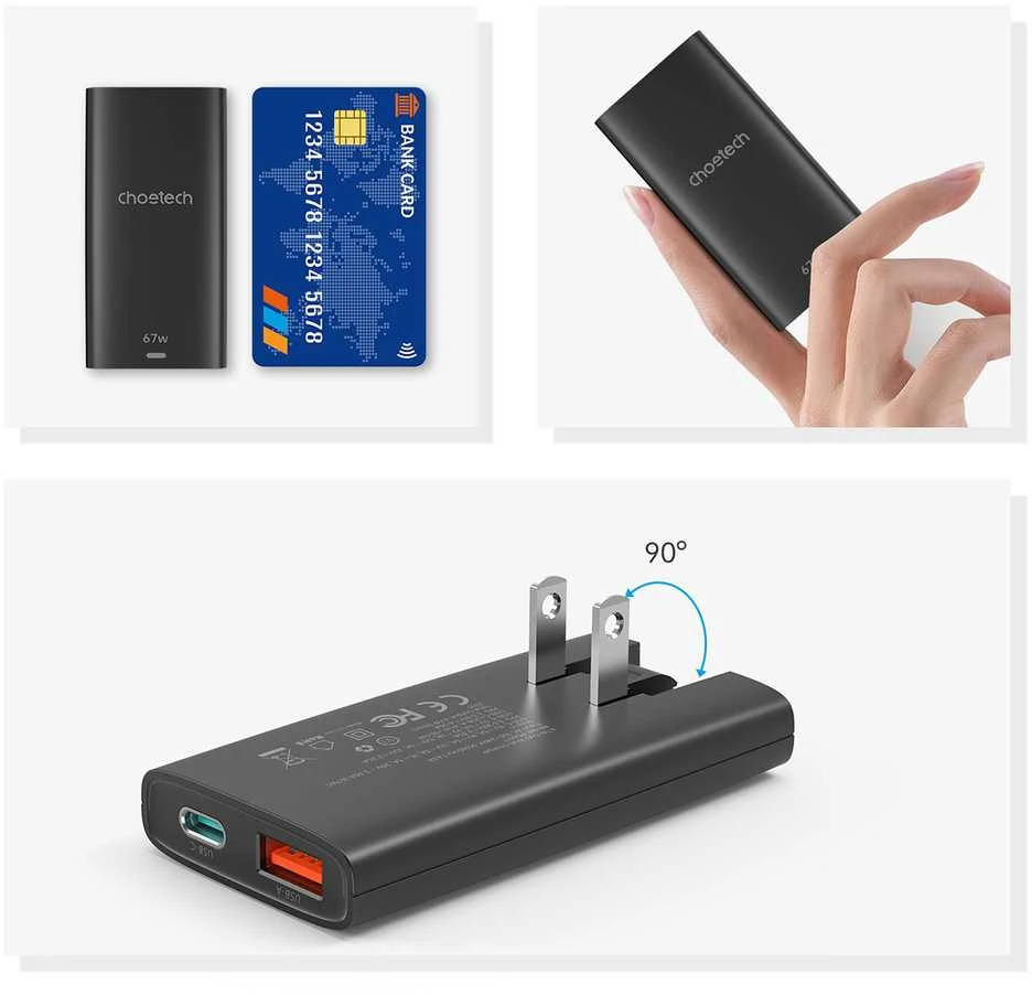 Mini kelioninis sieninis įkroviklis Choetech PD6011 PD65W GaN plonas USB-A+C (juodas)
