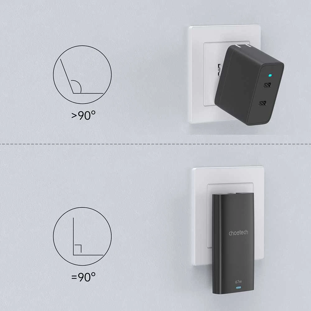 Mini kelioninis sieninis įkroviklis Choetech PD6011 PD65W GaN plonas USB-A+C (juodas)