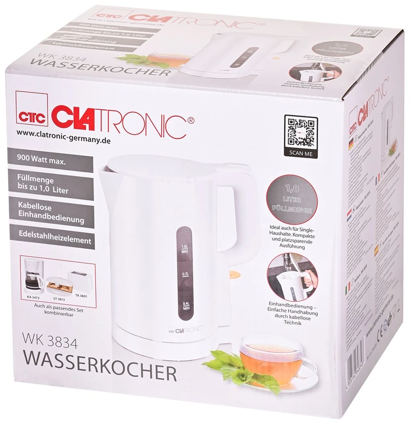 Clatronic WK 3834 electric virdulys 1 L 900 W Baltas
