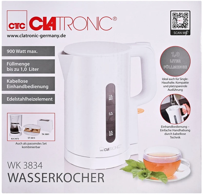 Clatronic WK 3834 electric virdulys 1 L 900 W Baltas