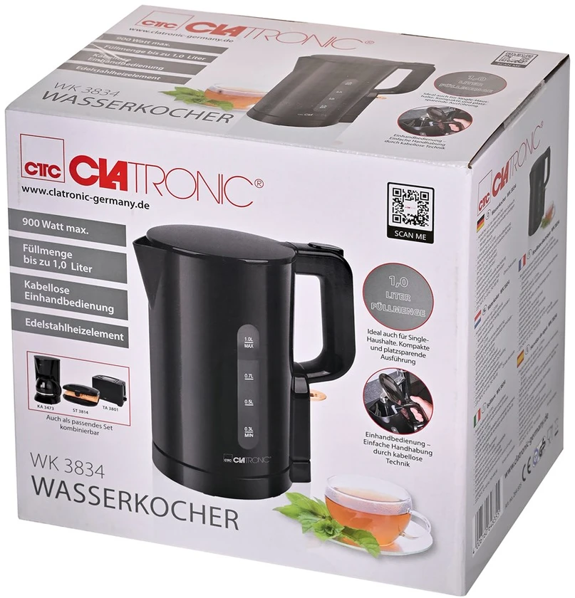 Clatronic WK 3834 electric virdulys 1 L 900 W Juodas