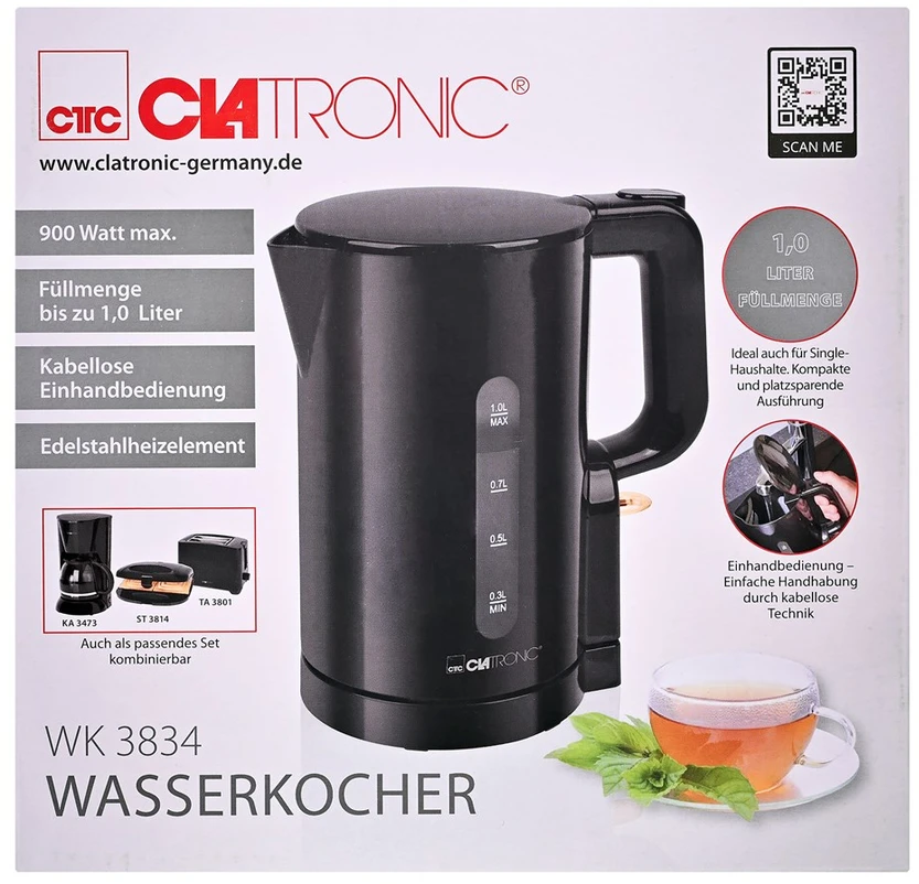 Clatronic WK 3834 electric virdulys 1 L 900 W Juodas