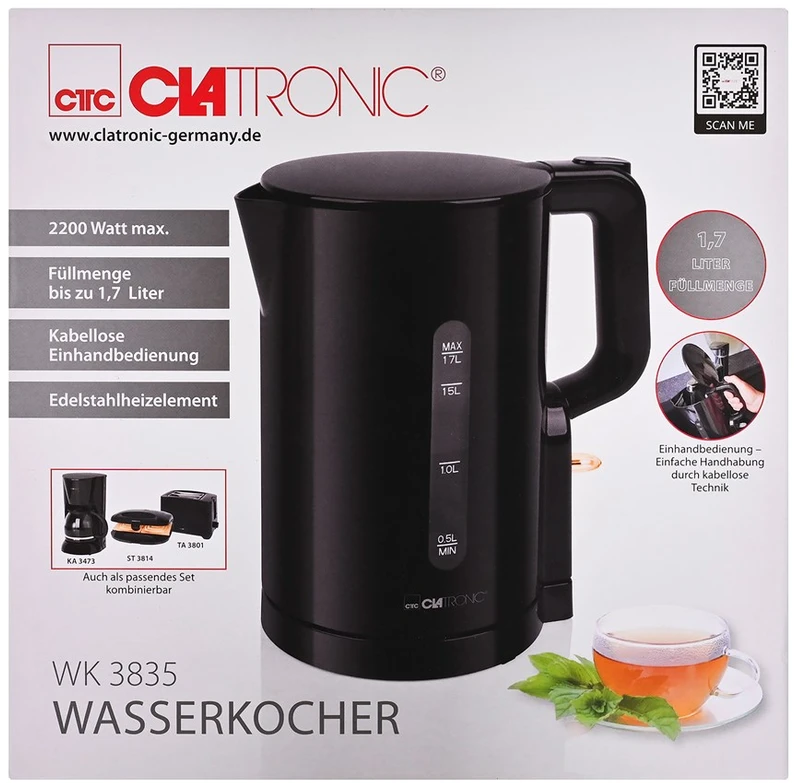 Clatronic WK 3835 electric virdulys 1.7 L 2200 W Juodas