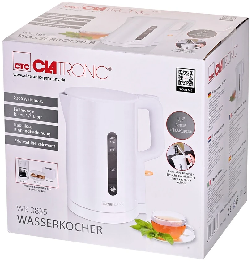 Clatronic WK 3835 electric virdulys 1.7 L 2200 W Baltas