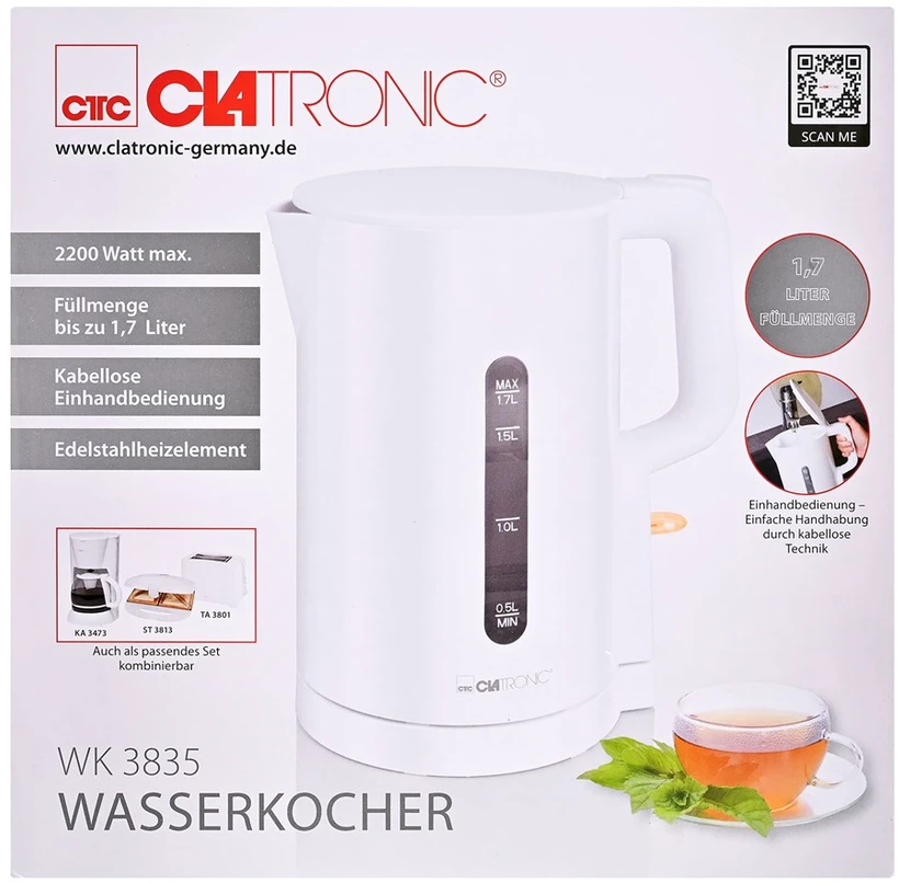 Clatronic WK 3835 electric virdulys 1.7 L 2200 W Baltas