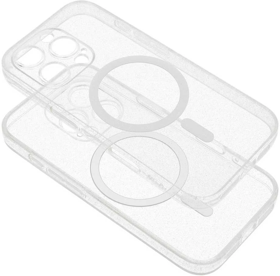 Oem Originalus „iPhone 15 PRO“ skaidrus „Mag“ dėklas – blizgučiai (STR / APSAUGA NUO FOTOAPAROS), suderinamas su „MagSafe“ permatomais blizgučiais