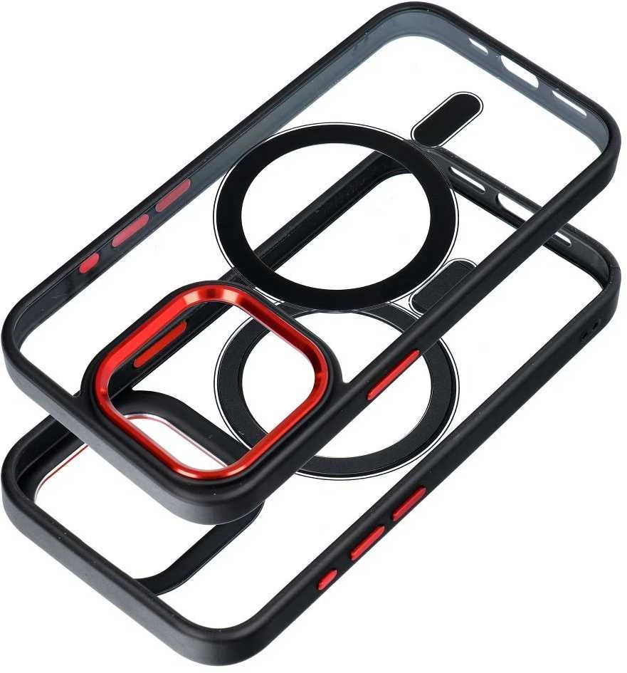 OEM dėklas, skirtas iPhone 13, spalvotas kraštas, MagSafe dėklas, juodas-raudonas