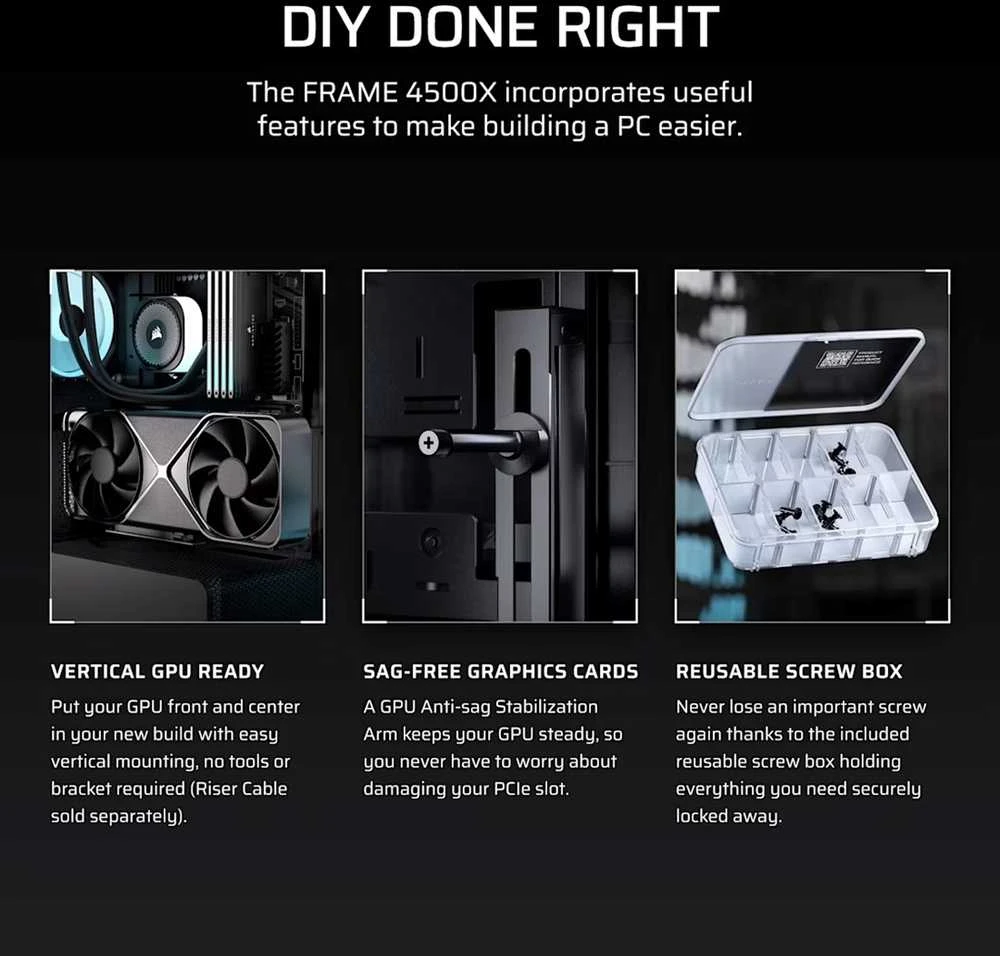 „Corsair FRAME 4500X LX-R RGB“ kompiuterio korpusas, „Mid-Tower“, E-ATX, grūdintas stiklas – Juodas