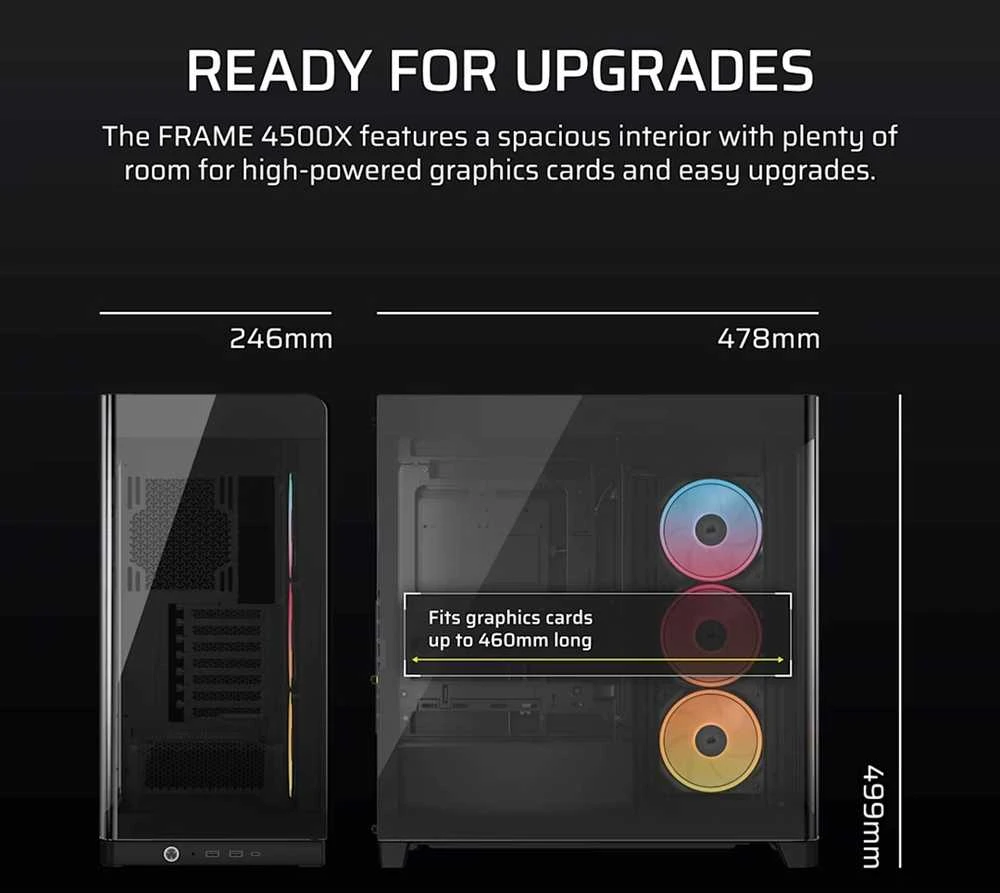 „Corsair FRAME 4500X LX-R RGB“ kompiuterio korpusas, „Mid-Tower“, E-ATX, grūdintas stiklas – Juodas